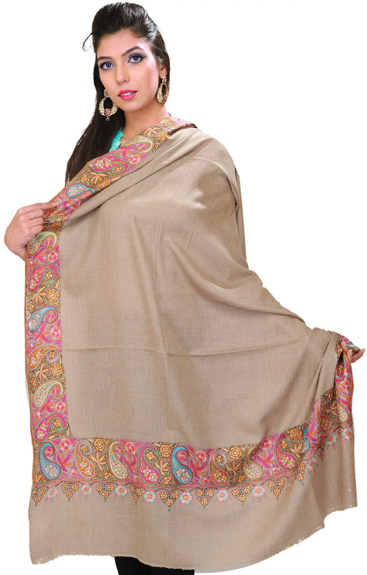 Warm-Taupe Pure Pashmina Shawl from Kashmir with Hand-Embroidered Paisleys on Border