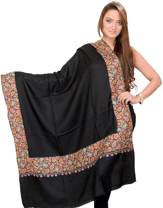 Jet-Black Plain Pashmina Shawl from Kashmir with Intricate Sozni Embroidered Flowers on Border