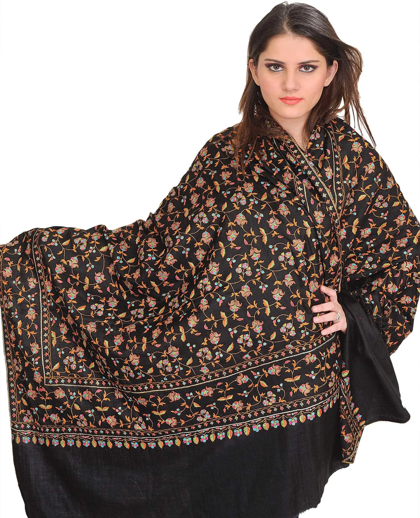 Cream Handloom Pashmina Shawl from Kashmir with Sozni Hand-Embroidery All-Over