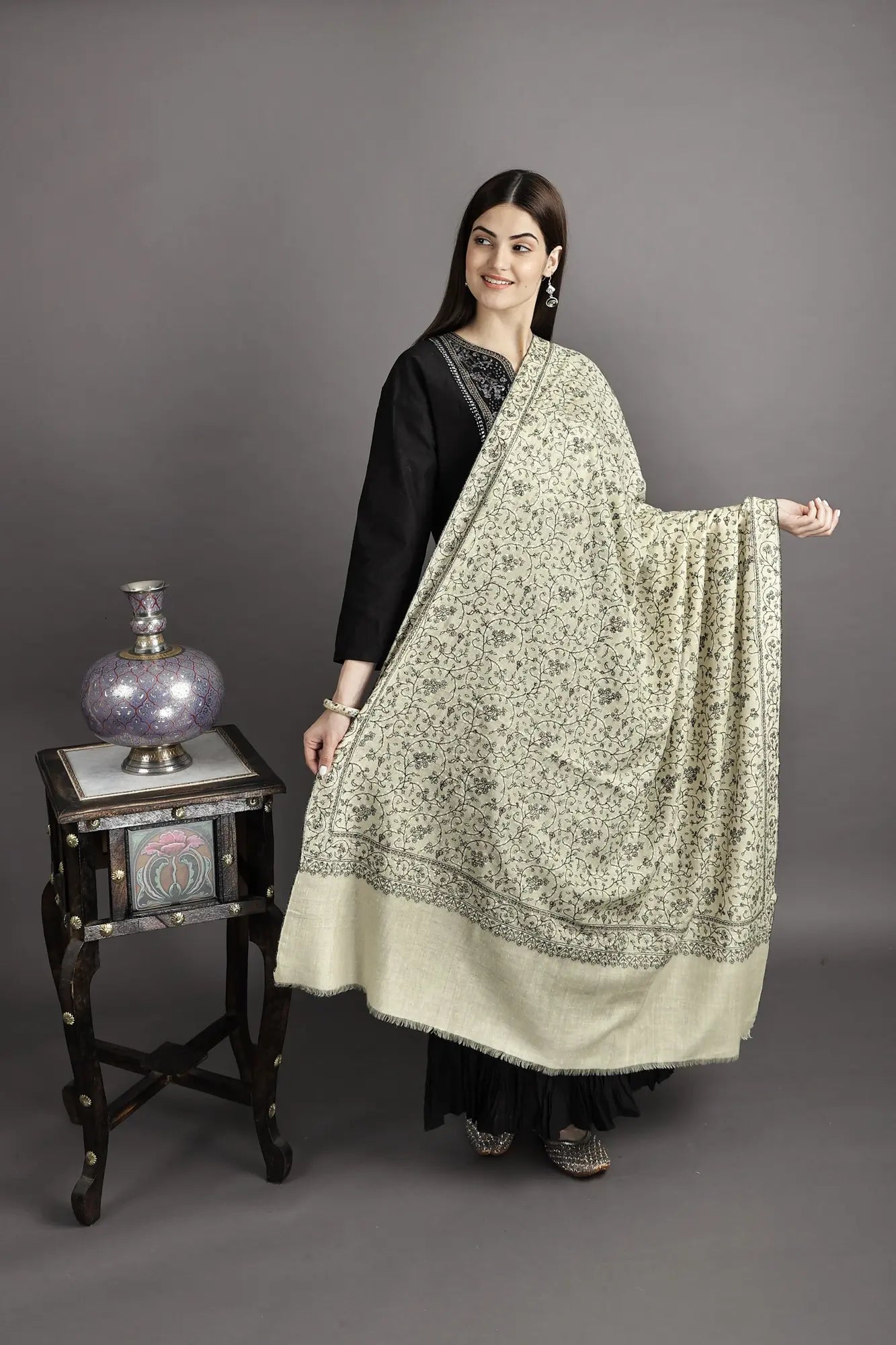 Grapeade Pure Pashmina Shawl from Kashmir with Sozni Hand-Embroidered Flowers in Multicolor Thread