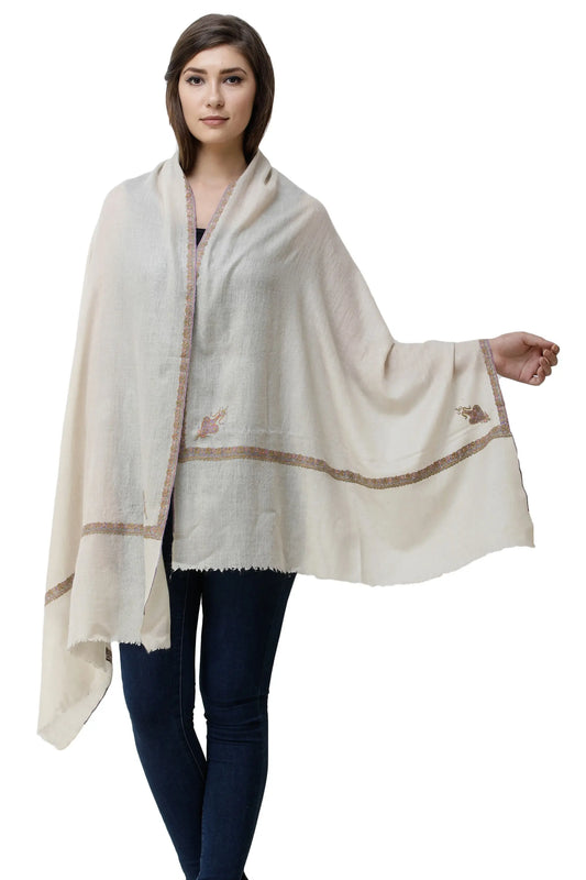 Summer-Sand Pure-Pashmina Shawls From Srinagar with Sozni Embroidery on Border By Hand