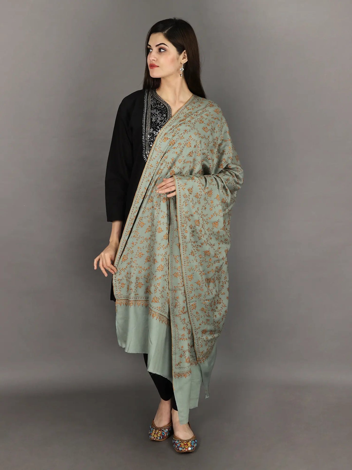 Frosty-Green Pure Pashmina Shawl from Kashmir with Sozni Hand-Embroidered Leaves and Flowers