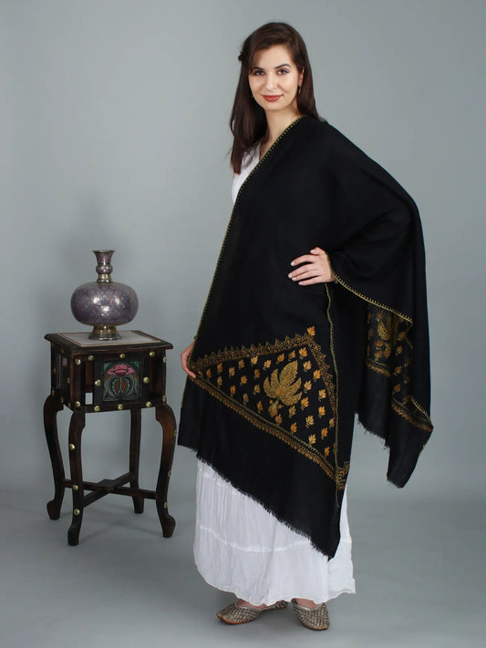 Black-Beauty Pashmina Stole from Kashmir with Sozni Hand-Embroidered Leaves