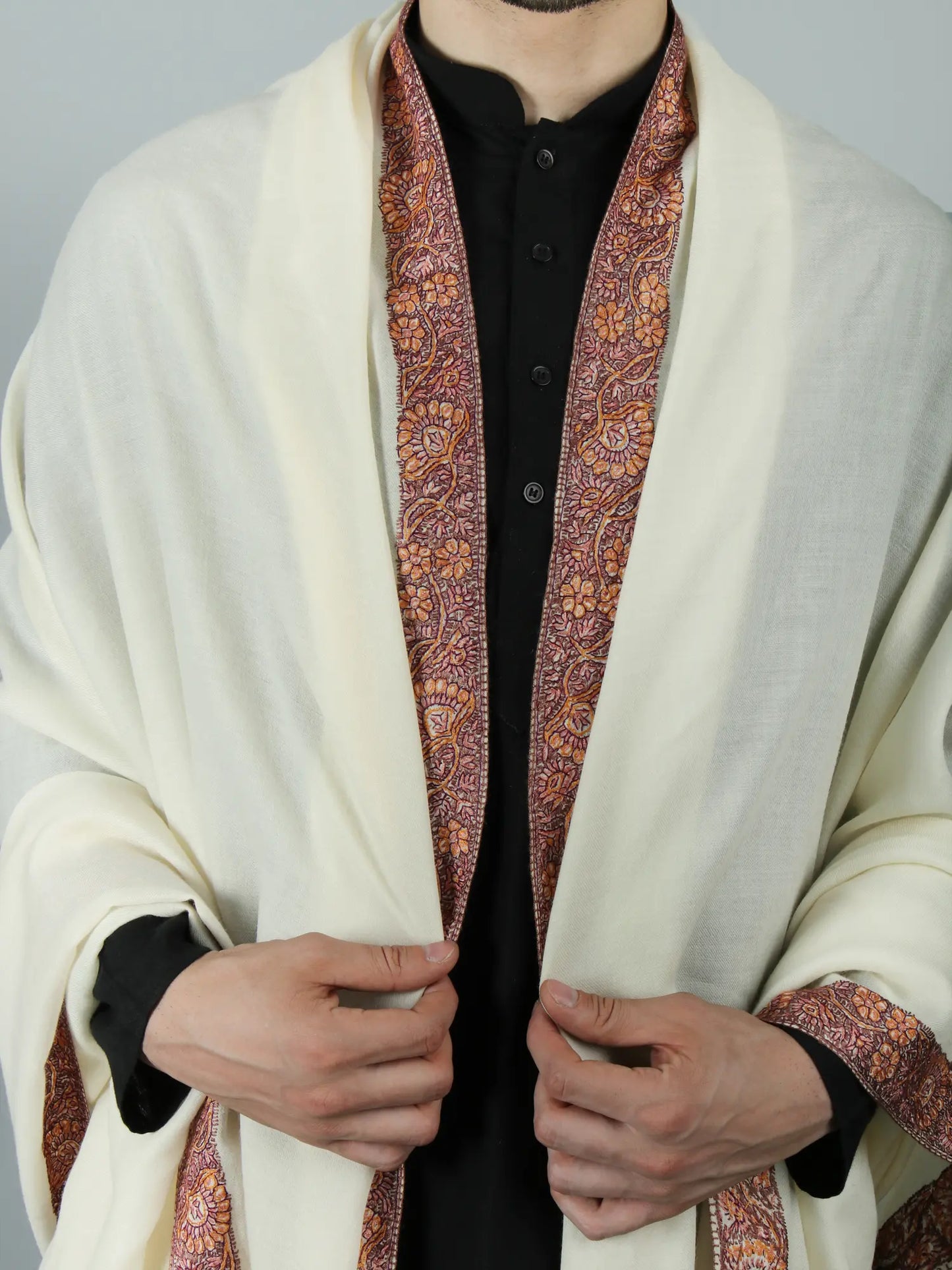 Whisper-White Tusha Shawl For Men With Floral Sozni Embroidery