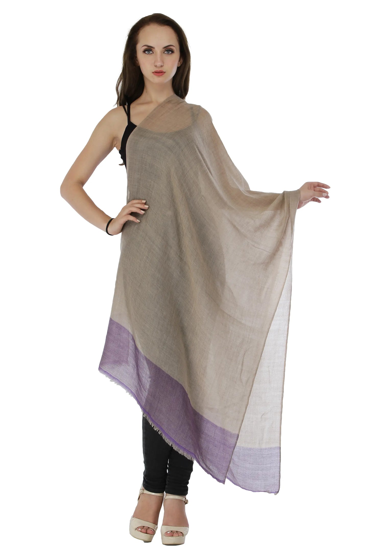 Savannah-Tan Pashmina Woolen Stole With Contrast Purple Broad Border From Nepal