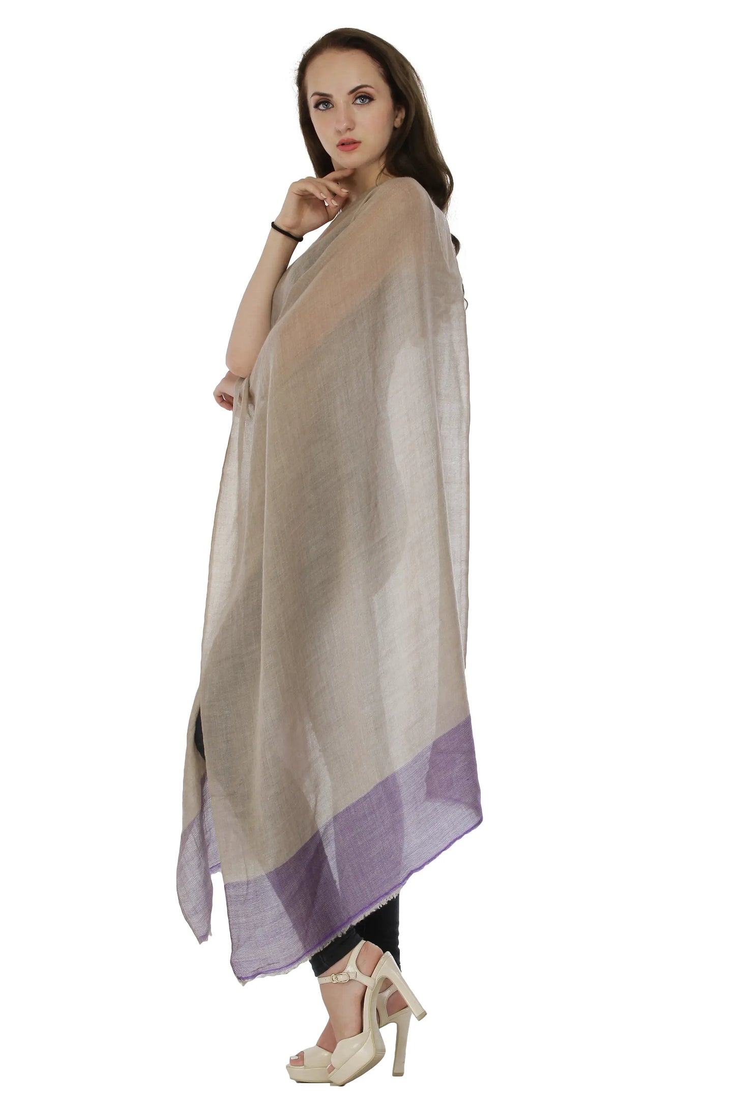 Savannah-Tan Pashmina Woolen Stole With Contrast Purple Broad Border From Nepal