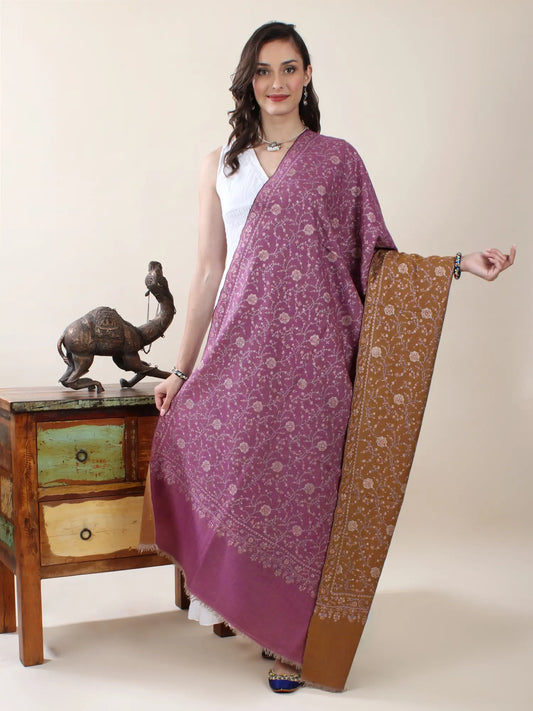 Purple-Brown Reversible Pure Pashmina Shawl With All-Over Sozni Hand-Embroidered Floral Jali