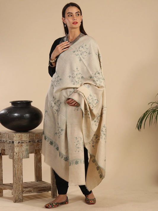 White-Swan Pure Pashmina Sozni Hand-Embroidered Aksi Butta Shawl